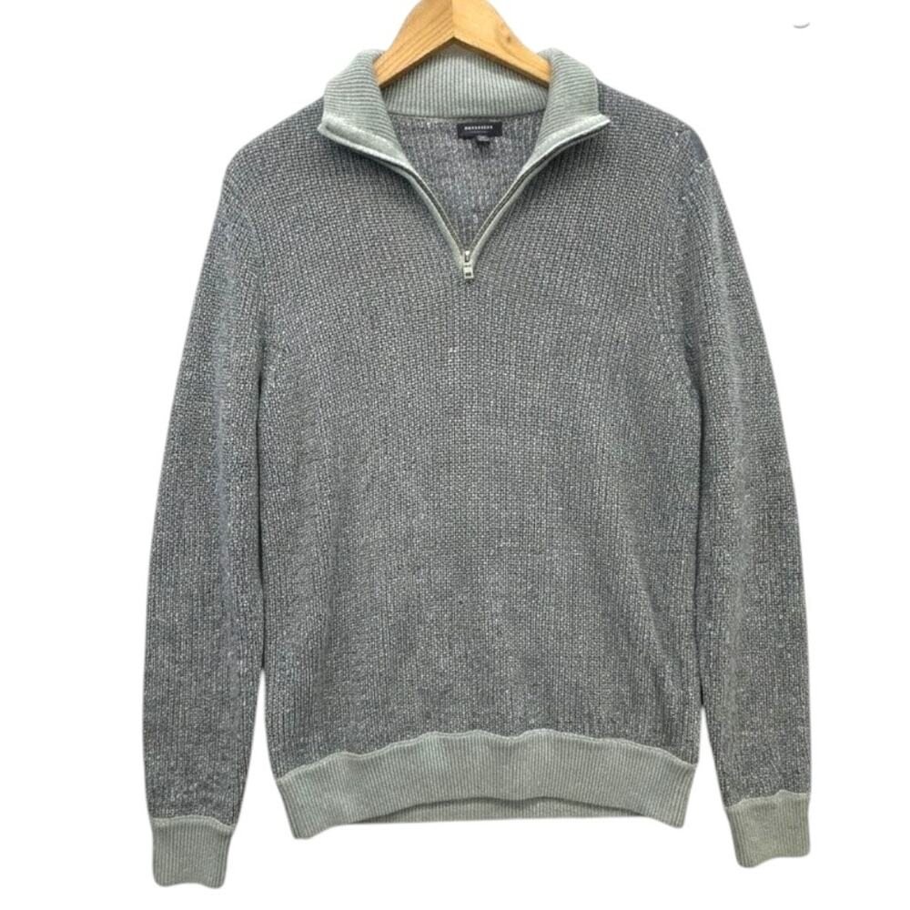Refectory London Quarter Zip Sweater Men L Gray Ribbed Knit Suede Panel Cotton